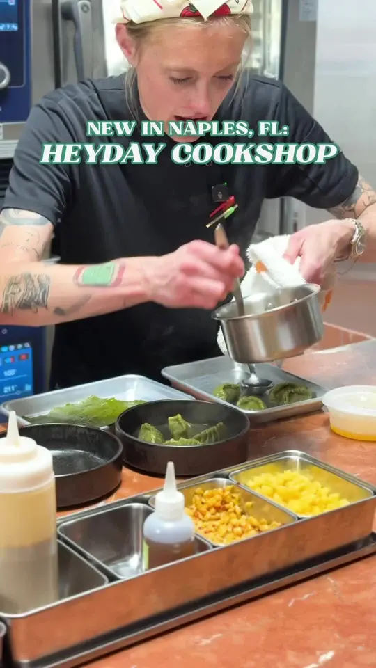  in Florida showing restaurant, chef preview, menu items, wine program, vinyl listening room, open-kitchen concept, video by naplesnoms on TikTok
