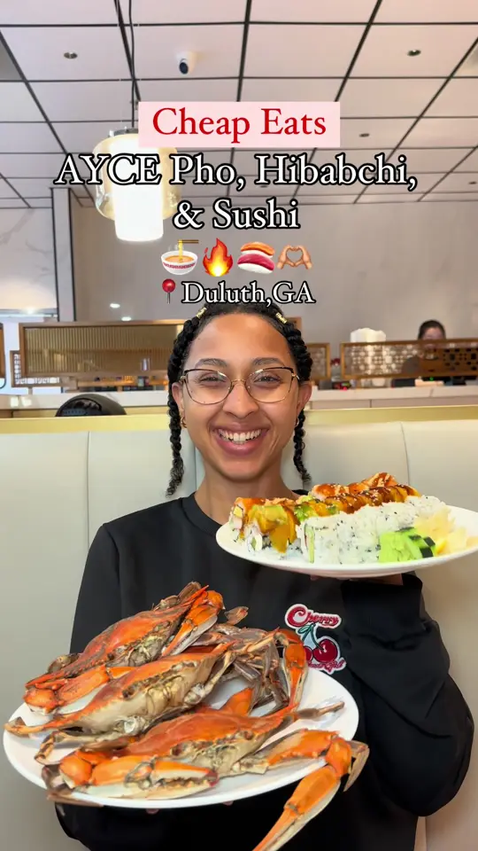 Hibachi Buffet & Grill in Peachtree Corners showing review, visit, all-you-can-eat experience, pho, hibachi, sushi, seafood, video by travelfoodie_ishy on TikTok