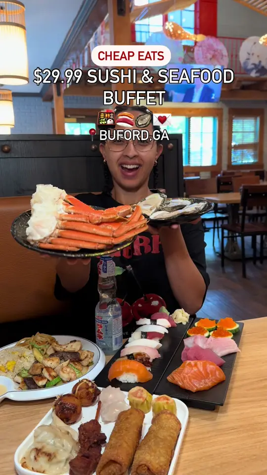 Hibachi Grill & Amazing Buffet in Marietta showing buffet, sushi, sashimi, crab legs, oysters, hibachi, video by travelfoodie_ishy on TikTok