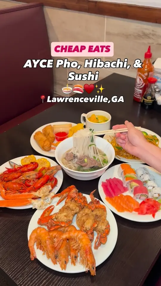 Hibachi Grill & Supreme Buffet in Lawrenceville showing buffet, pho, hibachi, sushi, seafood, crawfish, video by Travelfoodie.ishy on Facebook