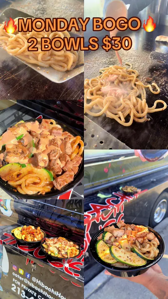 Hibachi House in Fort Myers showing food, chicken teriyaki udon bowl, steak volcano udon bowl, video by hibachihousela on TikTok