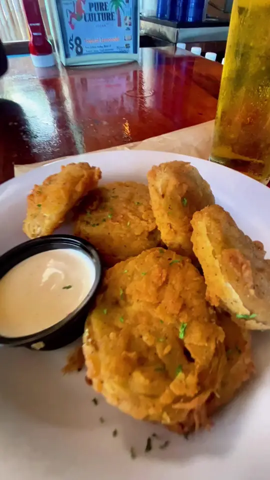 Hidden Treasure Rum Bar & Grill in Ponce Inlet showing food review, fried green tomatoes, video by miagotryit on TikTok