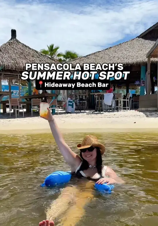Hideaway Beach Bar in Pensacola Beach showing cocktail, pineapple margarita, food, fish and chips, dj, atmosphere, video by pensacolamunchies_ on TikTok