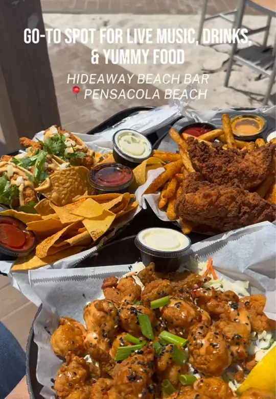 Hideaway Beach Bar in Pensacola Beach showing visit, happy hour, $4 wells, $6 select signature cocktails, live music, tropical drinks, video by lindsie.carter on TikTok