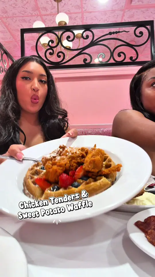 High Noon Brunchery in Atlanta showing review, visit, menu items, fried green tomatoes, deviled eggs four ways, chicken tenders & sweet potato waffles, video by emily.blacc on TikTok