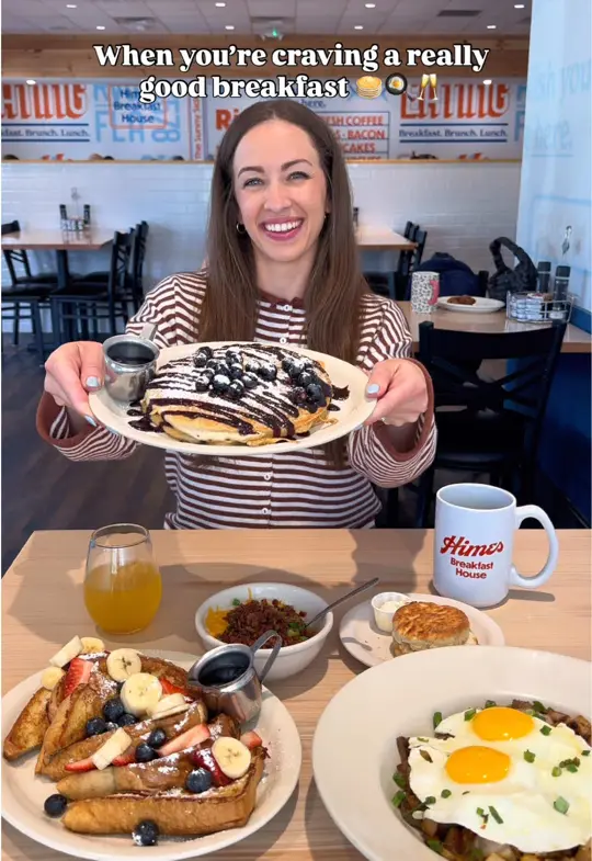 Himes Breakfast House in Tampa showing review, visit, fluffy pancakes, golden french toast, perfectly cooked eggs, breakfast staples, video by whenintampa on TikTok