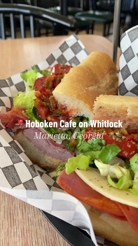 Hoboken Cafe on Whitlock in Marietta showing review, visit, subs, gabagool special, strawberry ny cheesecake, video by katiegadventures on TikTok