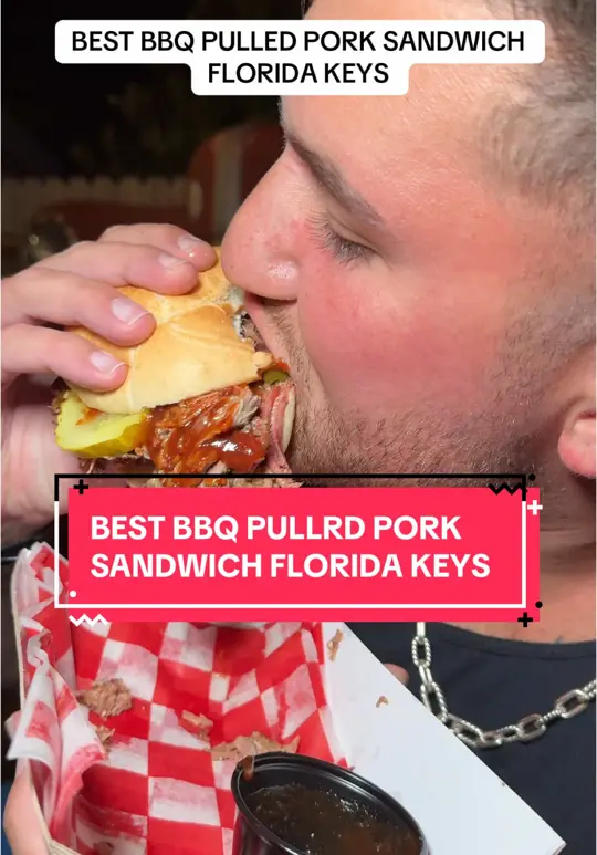 Hog Heaven Sports Bar and Grill in Islamorada showing food, bbq pulled pork sandwich, video by mikeiseating on TikTok