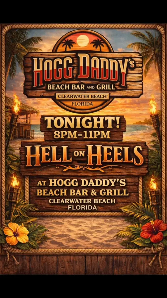 Hogg Daddy's Beach Bar & Grill in Clearwater Beach showing live music, dj, video by Hell on Heels on Facebook