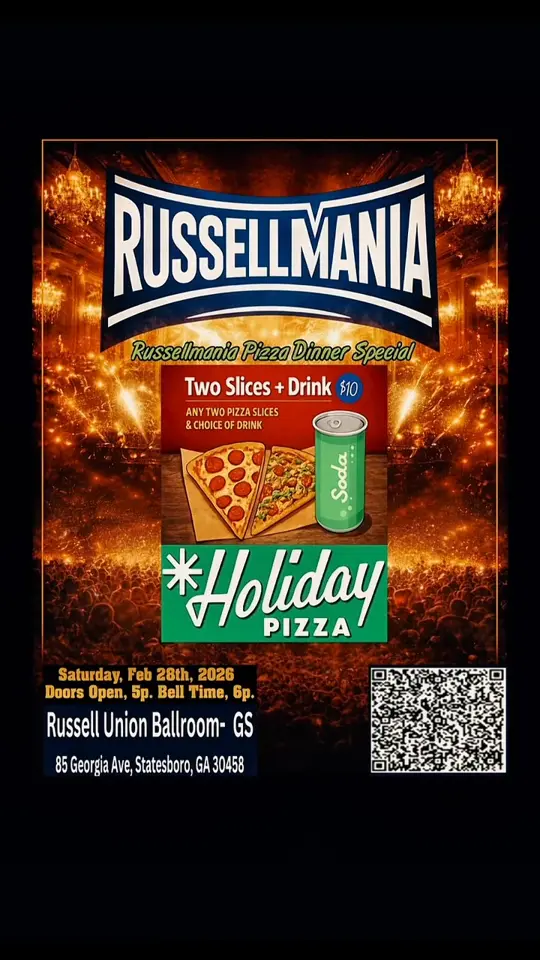 Holiday Pizza in Statesboro showing exclusive concession provider, pizza and drink offer, family friendly pro wrestling fundraiser, relay for life event, video by Holiday Pizza on Facebook