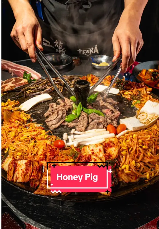 Honey Pig in Duluth showing review, visit, menu items, grilled kimchi, premium short ribs, signature pork, video by cindyandpeti on TikTok