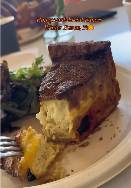 Honeycomb Bread Bakers in Winter Haven showing review, pumpkin spice latte, root vegetable quiche, video by sunshine_state_yum on TikTok