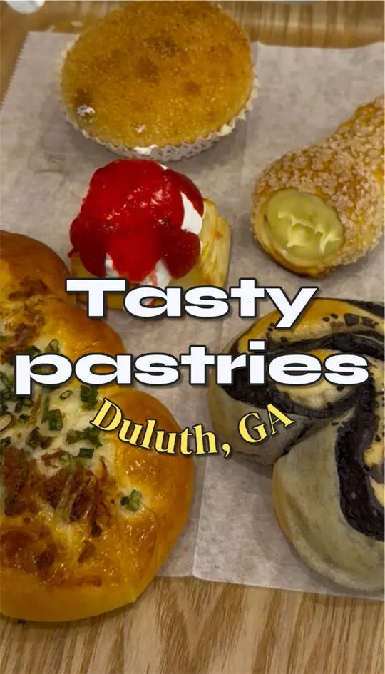 Hong Kong City in Atlanta showing review, pineapple pork buns, custard cone, blueberry and custard, egg tarts, video by peachstatepanda on TikTok