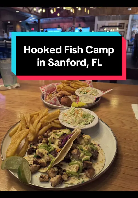 Hooked Fish Camp in Sanford showing restaurant visit, positive review, video by milanas_travels on TikTok