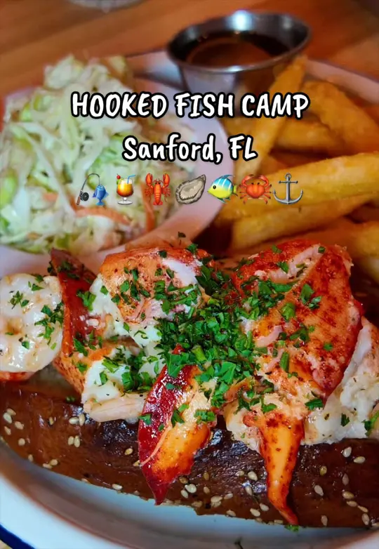 Hooked Fish Camp in Sanford showing happy hour, raw gulf oysters, grilled gulf oyster with garlic butter, sweet heat lettuce wraps, smoked fish dip, shrimp & corn fritters, blue crab spinach dip,, video by allysonattheparks on TikTok