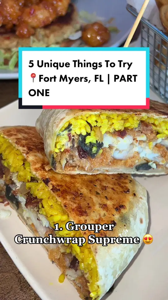 Hooked Island Grill in Fort Myers showing food, grouper crunchwrap supreme, video by jessicathejournalist on TikTok