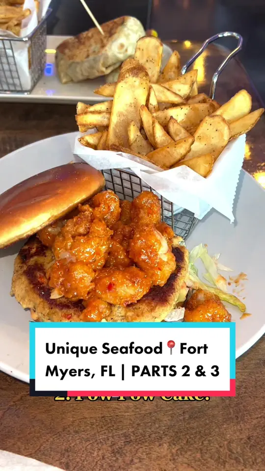 Hooked Island Grill in Fort Myers showing restaurant, seafood, pow pow cake, deep fried key lime pie à la mode, video by jessicathejournalist on TikTok