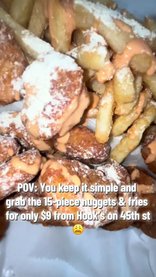 Hooks Fresh Eats in West Palm Beach showing food review, chicken nuggets, fries, crack sauce, video by millthekid on TikTok