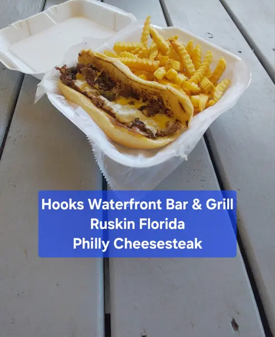 Hooks Waterfront Bar & Grill in Ruskin showing review, food, philly cheesesteak, video by The Honest Food Guy on Facebook