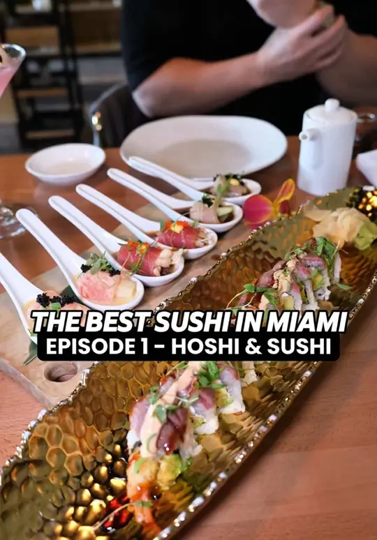 Hoshi & Sushi Fusion Cuisine in Miami showing review, visit, sushi rolls, truffle tuna bites, tuna pizza, lobster roll, hoshi steak, video by zackaryeats on TikTok
