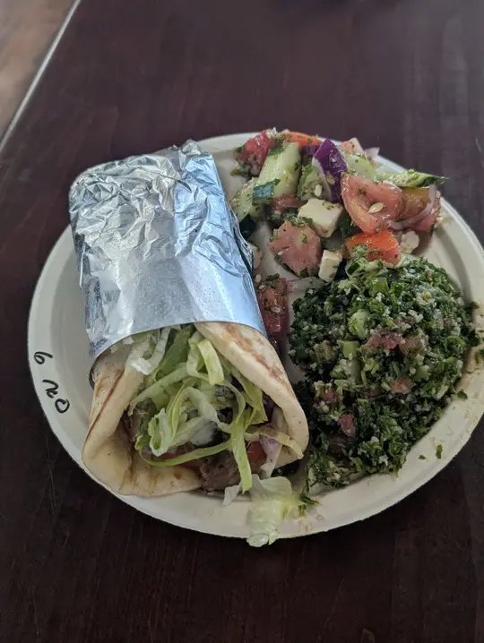 Hovan Gourmet Mediterranean in Jacksonville showing visit, gyro, tabbouleh, pasta salad, video by Jaime Brown on Facebook