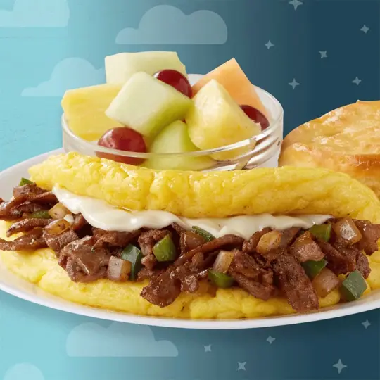 Huddle House in Clarkesville showing food, philly cheesesteak omelet, video by Huddle House on Facebook