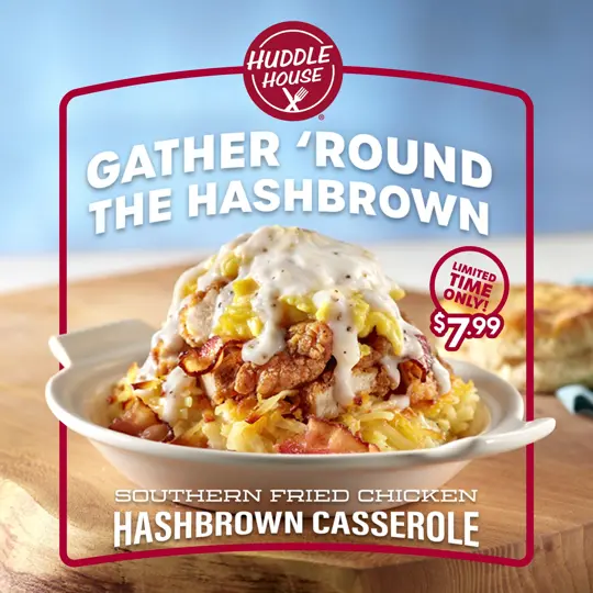Huddle House in Hazlehurst showing food, hashbrown casserole, cake, video by Huddle House on Facebook