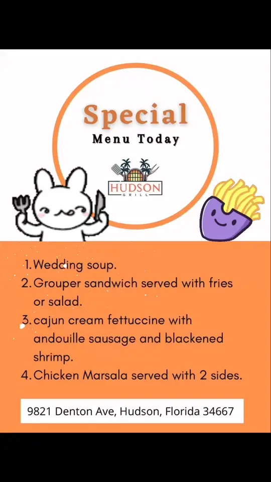Hudson Grill in Hudson showing menu, special menu, video by Hudson Grill on Facebook