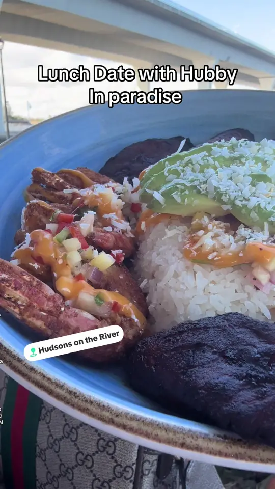 Hudson Grill in Hudson showing food, coconut shrimp, pineapple salsa, rice, sweet plantains, spicy mayo, video by laurennat13 on TikTok