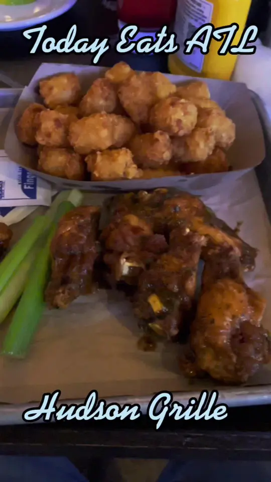 Hudson Grille in Atlanta showing restaurant visit, hudson wings, video by todayeatsatl on TikTok