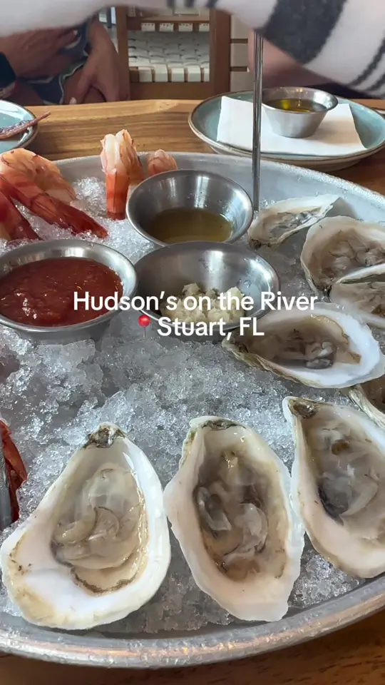Hudsons on the River in Stuart showing seafood tower, seafood, video by lowtidelocal on TikTok