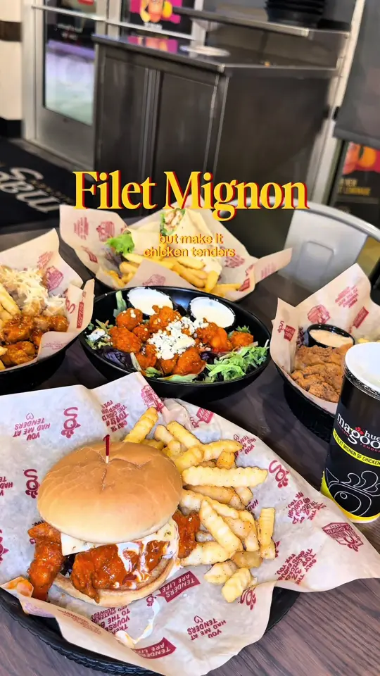 Huey Magoo's in Winter Springs showing food, chicken tenders, buffalo sandwich, wraps, farm fresh salad, 5 piece meal, video by sunnycoastblog on TikTok