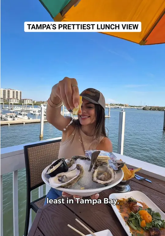 Hula Bay Club in Tampa showing lunch, view, oyster bar, ceviche, video by foodbytiana on TikTok