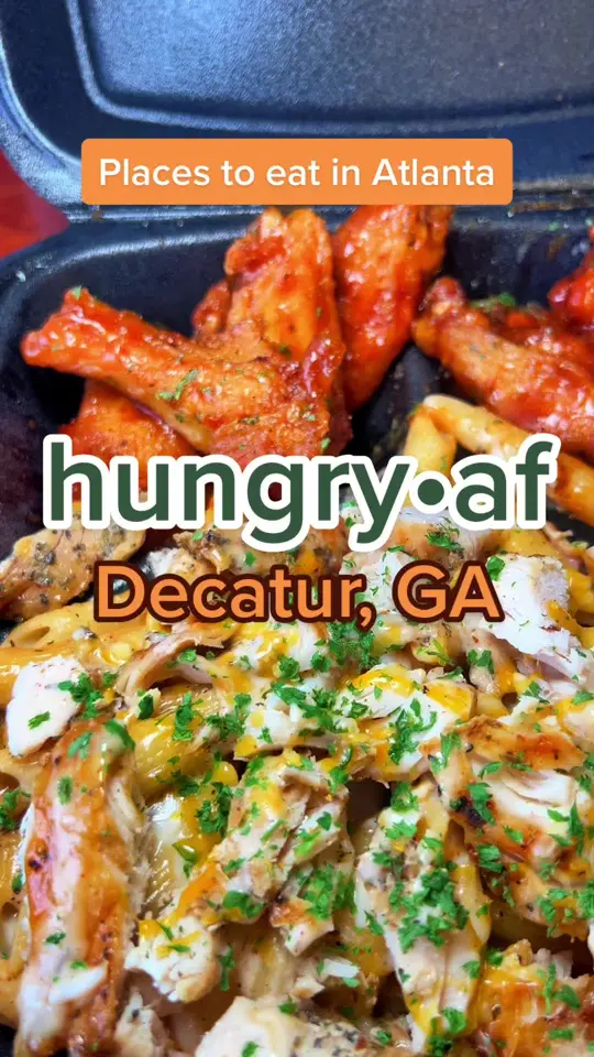 Hungry AF Decatur in Decatur showing food, king of gresham, philly hibachi shrimp plate, pasta and wings, drinks, peach lemonade, video by hungryhomegirl on TikTok