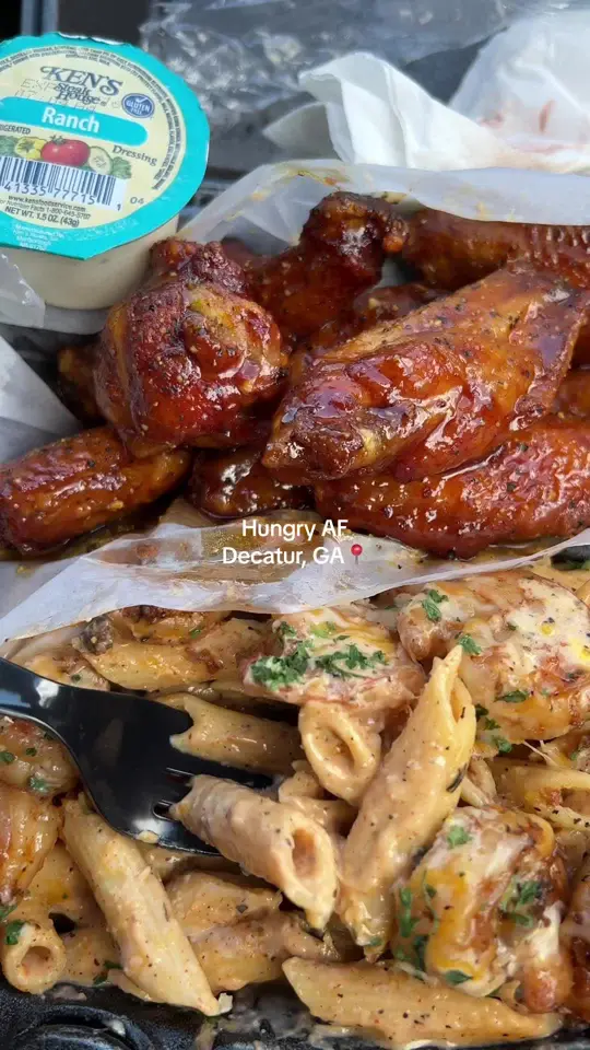 Hungry AF Decatur in Decatur showing food, wings, pasta, shrimppasta, video by jaaliyahs on TikTok