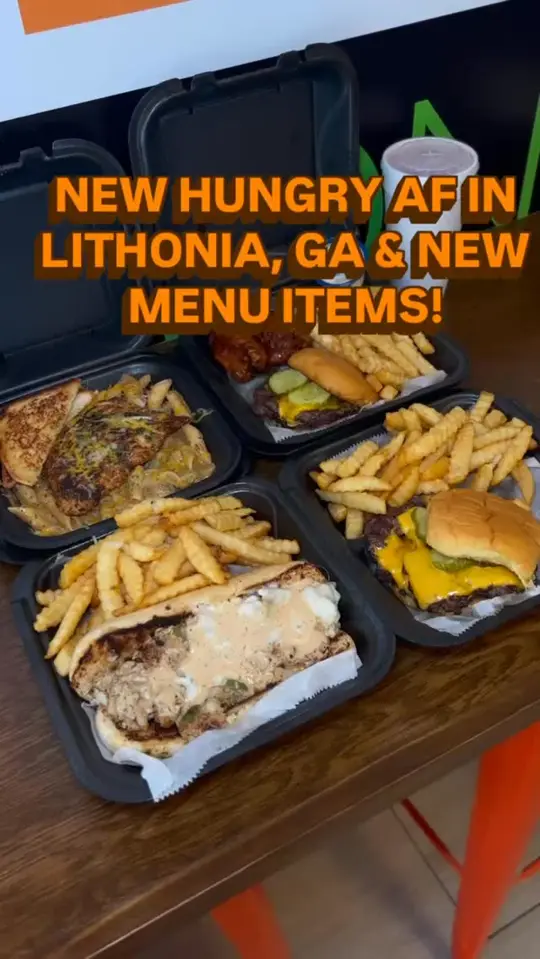 Hungry AF Lithonia in Stonecrest showing smash burger, smash n chicks combo, alfredo philly’s, rasta pasta, video by Kristen Truitt on Facebook