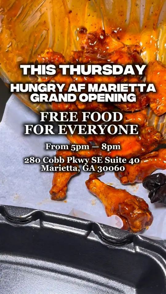 Hungry AF Marietta in Marietta showing grand opening, free food, video by Hungry AF on Facebook