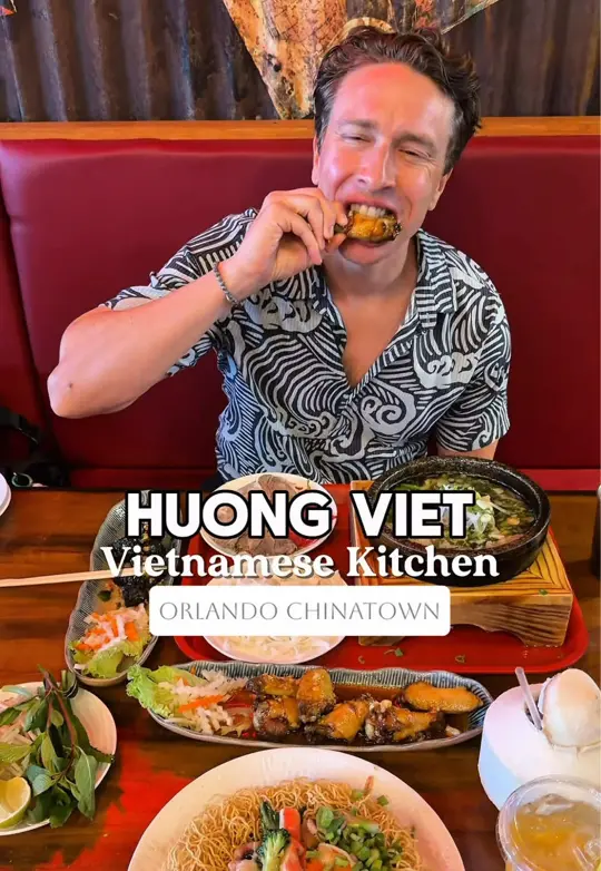  in Florida showing review, visit, peach tea, coconut water, garlic chicken wings, grilled beef in betel leaves, hot stone bone pho, crispy noodles with seafood, video by datenightorl on TikTok