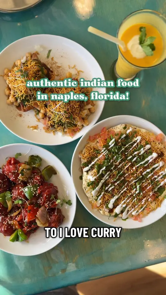  in Florida showing food, lamb tikka masala, gobi manchurian, samosa chaat, shrimp biryani, tandoori chicken, korma paneer, video by naplesnoms on TikTok