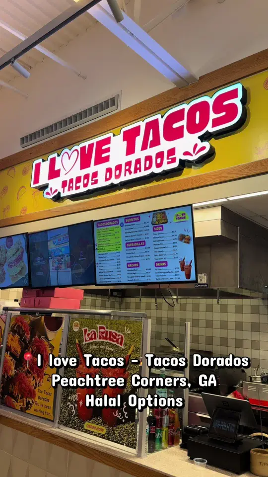 I Love Tacos (Tacos Dorados) in Peachtree Corners showing halal chicken tacos, deep fried taco shell, salsa, video by ariba.atl on TikTok
