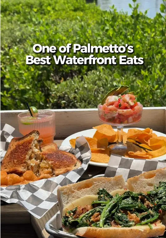 I'Lunie's Dockside Bar and Grill in Palmetto showing seafood, gulf shrimp and grits, ceviche, armadillo eggs, philly-style roast pork sandwich, video by eatlocalflorida on TikTok