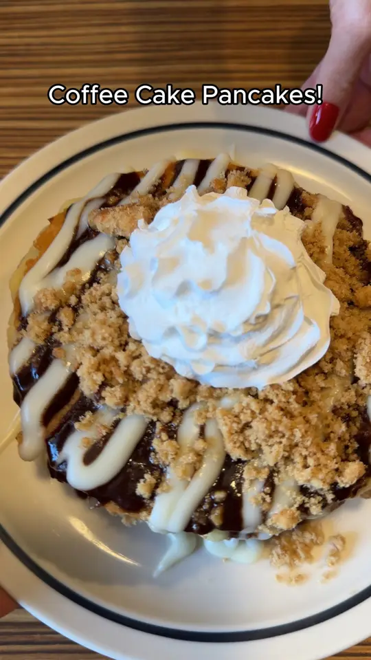 IHOP in Duluth showing food, coffee cake pancakes, drinks, unlimited coffee refills, video by IHOP on Facebook