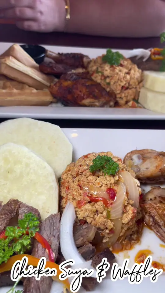 Ike’s Cafe and Grill - Norcross in Norcross showing food review, chicken suya, spicy eggs, boiled yams, mimosa tower, video by twocentsliyah on TikTok