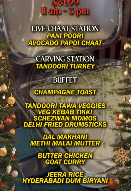 Indian Pavilion in Winter Garden showing christmas buffet, festive favorites, modern indian delicacies, champagne toast, video by indianpavilionfl on TikTok