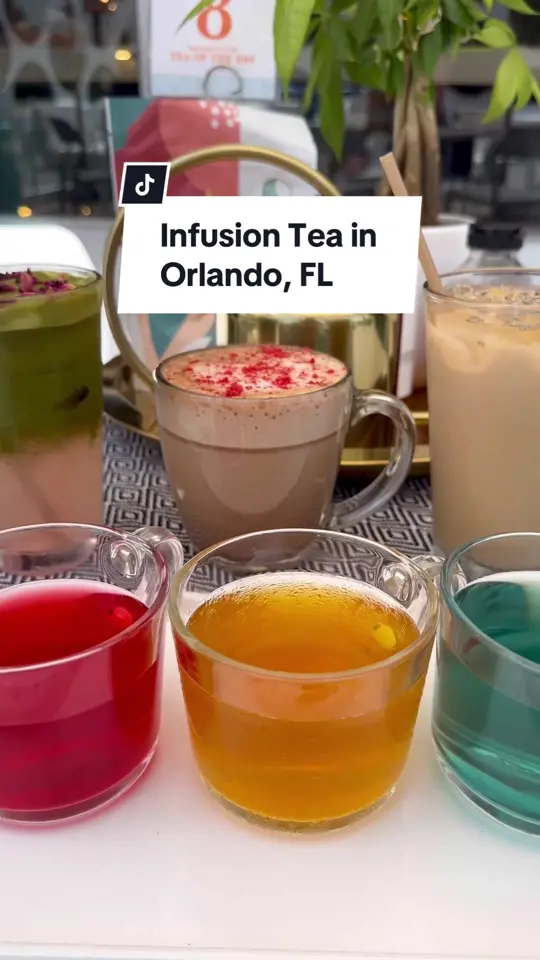 Infusion Tea in Orlando showing tea, matcha lemonade, lavender white mocha, vegetarian food, vegan food, video by christinainitalia on TikTok