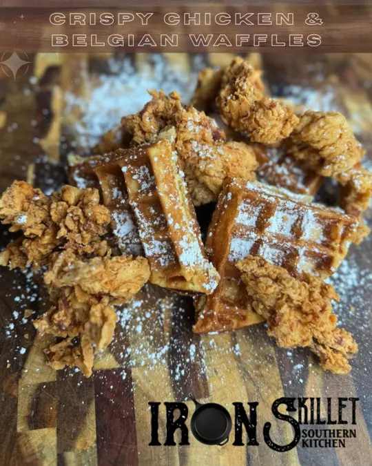 Iron Skillet Southern Kitchen in Conyers showing food, crispy chicken, food, belgian waffles, video by Iron Skillet Southern Kitchen on Facebook