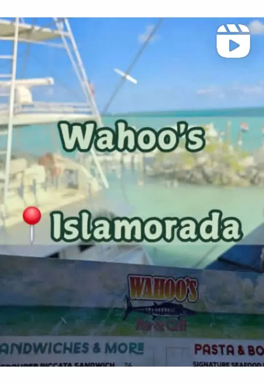 Islamorada Pizza Co. in Islamorada showing drink, key lime colada / appetizer, tackle box / appetizer, wahoo bites with fried pickles / burger, ranchero burger, video by floridakeyseats on TikTok