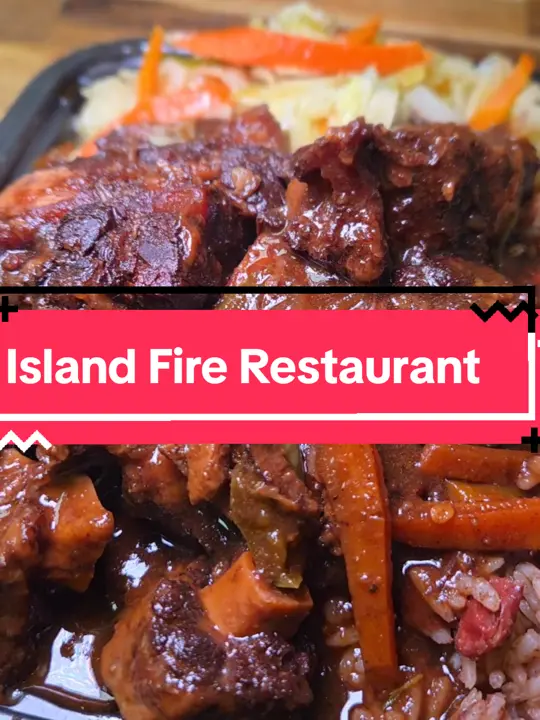island fire Restaurant in Lithonia showing review, visit, lunch special, jerk chicken, brown stew chicken, fried chicken, curry chicken, video by antlantaeats on TikTok