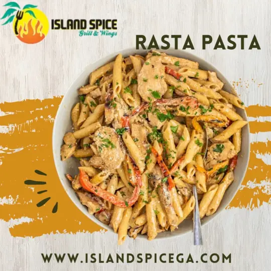 Island Spice Grill and Wings in Douglasville showing rasta pasta, caribbean-inspired dish, pasta fusion, video by Island Spice Grill and Wings on Facebook