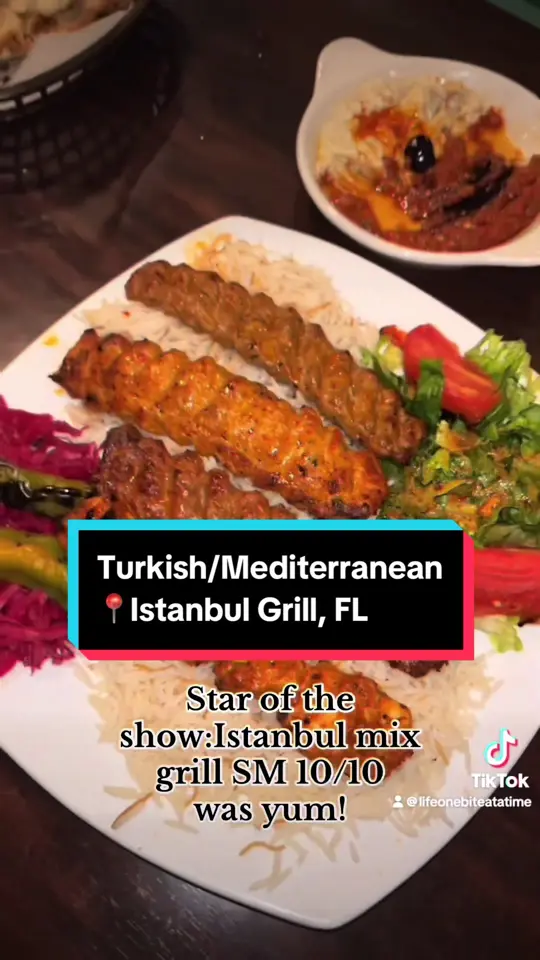 Istanbul Grill in Kissimmee showing review, red lentil soup, baba ghanoush, ezme, istanbul bread, istanbul mix grill, video by lifeonebiteatatime on TikTok